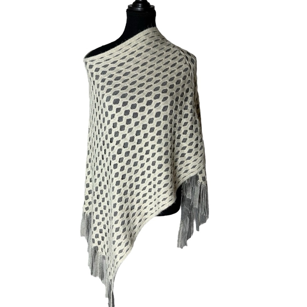 MAX EDITION Ivory Cream Grey Knit Poncho Shawl Cape Fringe Cutouts Asymmetrical